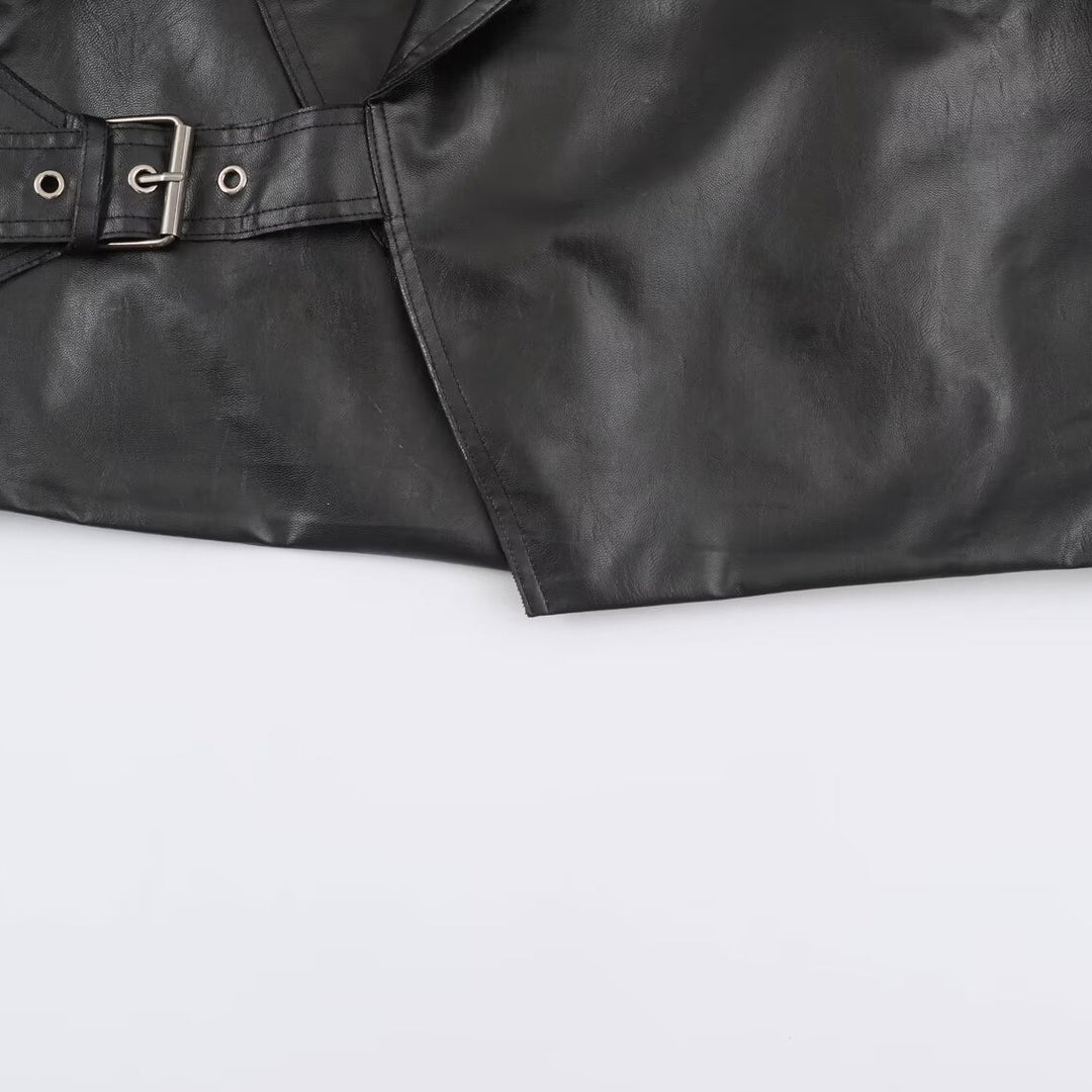 Women Short Oversized Faux Leather Jacket with Wide Shawl Collar and Belt Mune Fashion