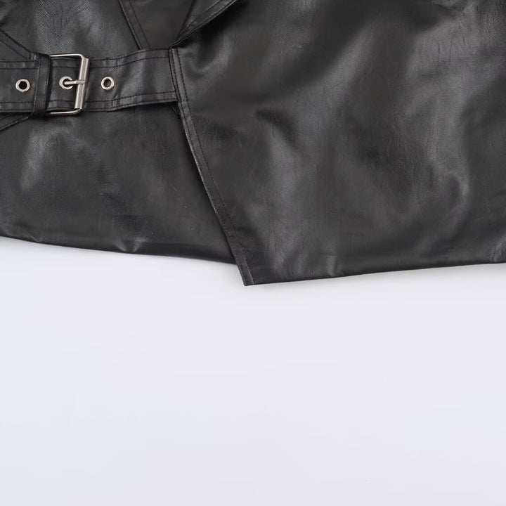 Women Short Oversized Faux Leather Jacket with Wide Shawl Collar and Belt Mune Fashion