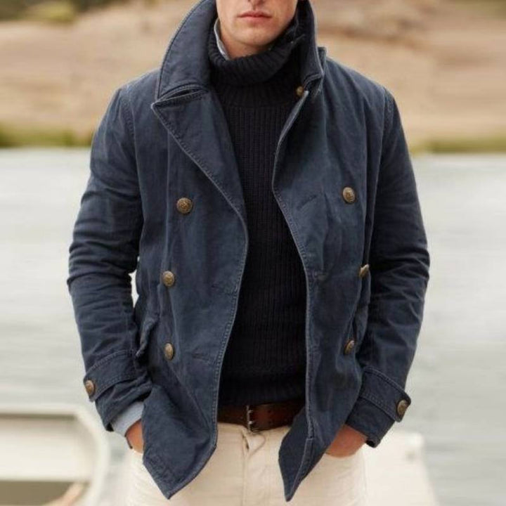 Men's Double-breasted Cotton Peacoat with Navy Buttons and Stand Collar Mune Fashion