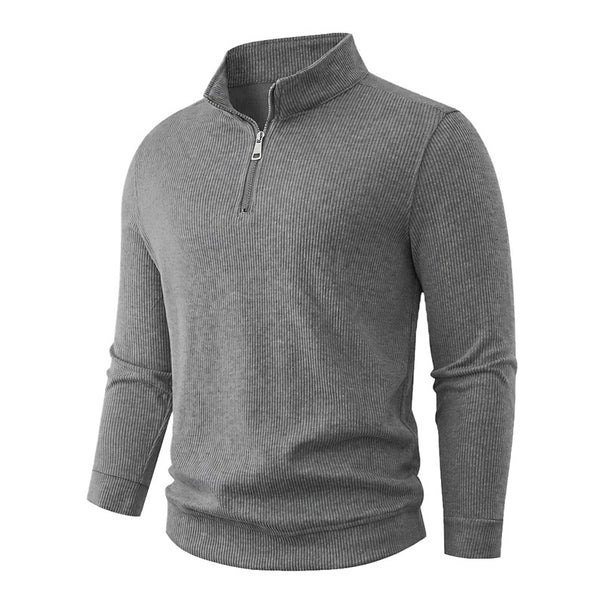 Men's Half-Zip Knit Sweater with Stand Collar and Rib Structure Mune Fashion