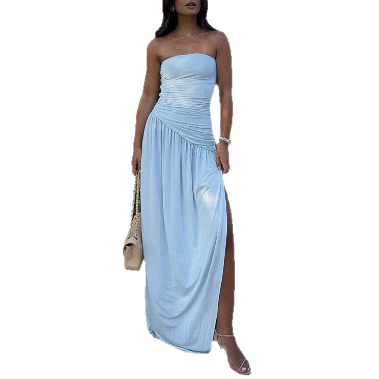 Ladies an elegant evening maxi dress with off-the-shoulder bustier, asymmetrical wrap gathering and high side slit Mune Fashion