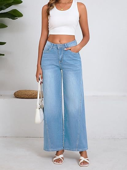 Women High-waisted Palazzo Pants made of Denim with Wide Leg Mune Fashion