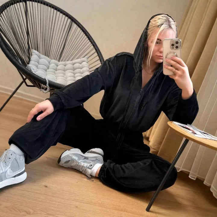 Women's Velvety Cropped Zip Hoodie Set with Drawstring Waist and Wide Lounge Sweatpants Mune Fashion