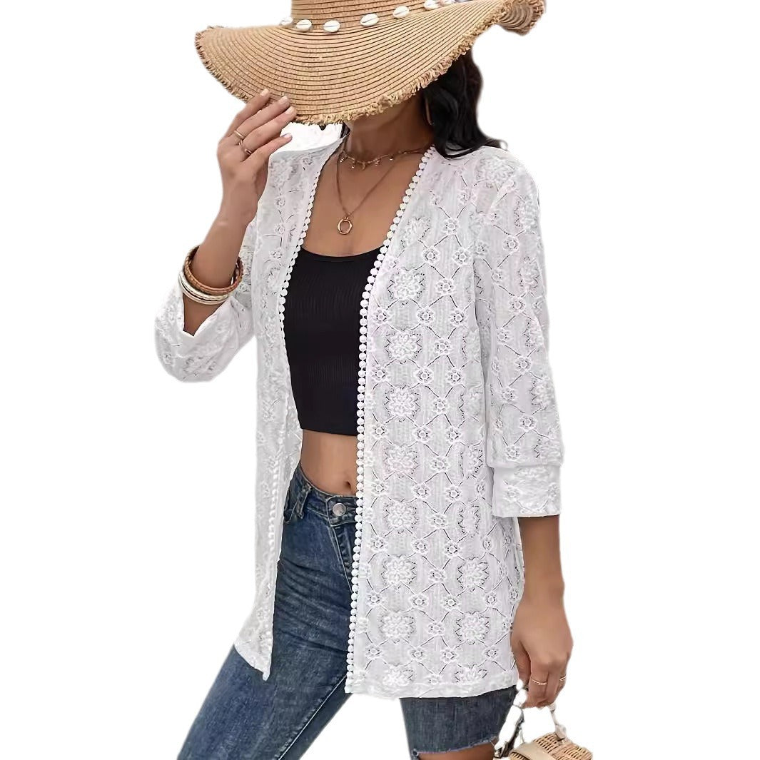 Women’s airy lace kimono beach cardigan with crocheted trim Mune Fashion