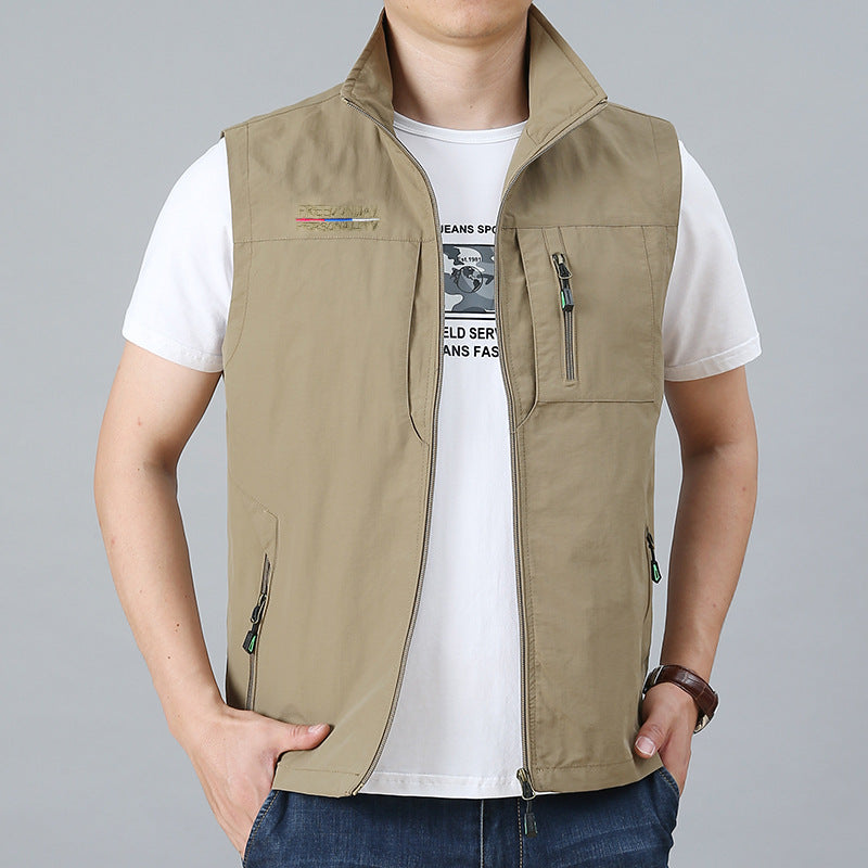 Men's Lightweight Multifunctional Outdoor Vest with Zipper Pockets and Stand Collar Mune Fashion