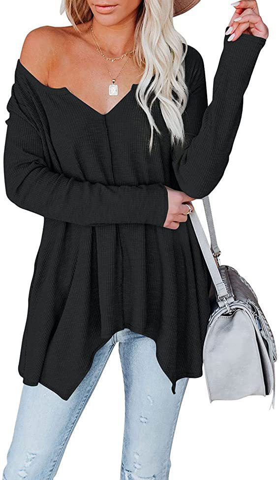 Women's Casual Waffle Knit Tunic Top with V-Neck, Off-Shoulder and Asymmetrical Hem Mune Fashion
