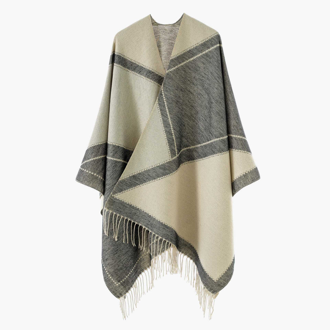 Women's Large Wool Blend Fringe Poncho with Diagonal Contrast Stripes Mune Fashion