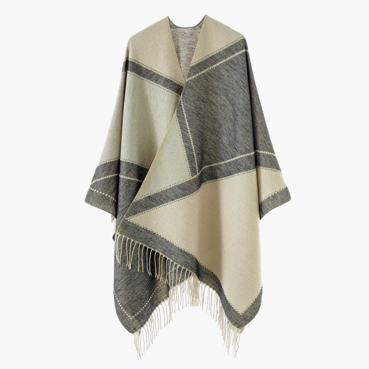Women's Large Wool Blend Fringe Poncho with Diagonal Contrast Stripes Mune Fashion