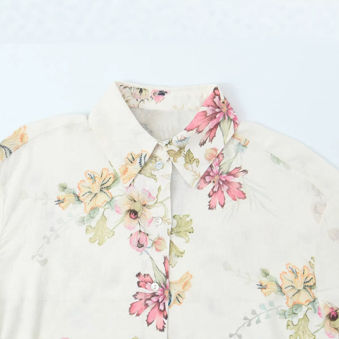 Women's loose-fitting floral button-down blouse with border print Mune Fashion