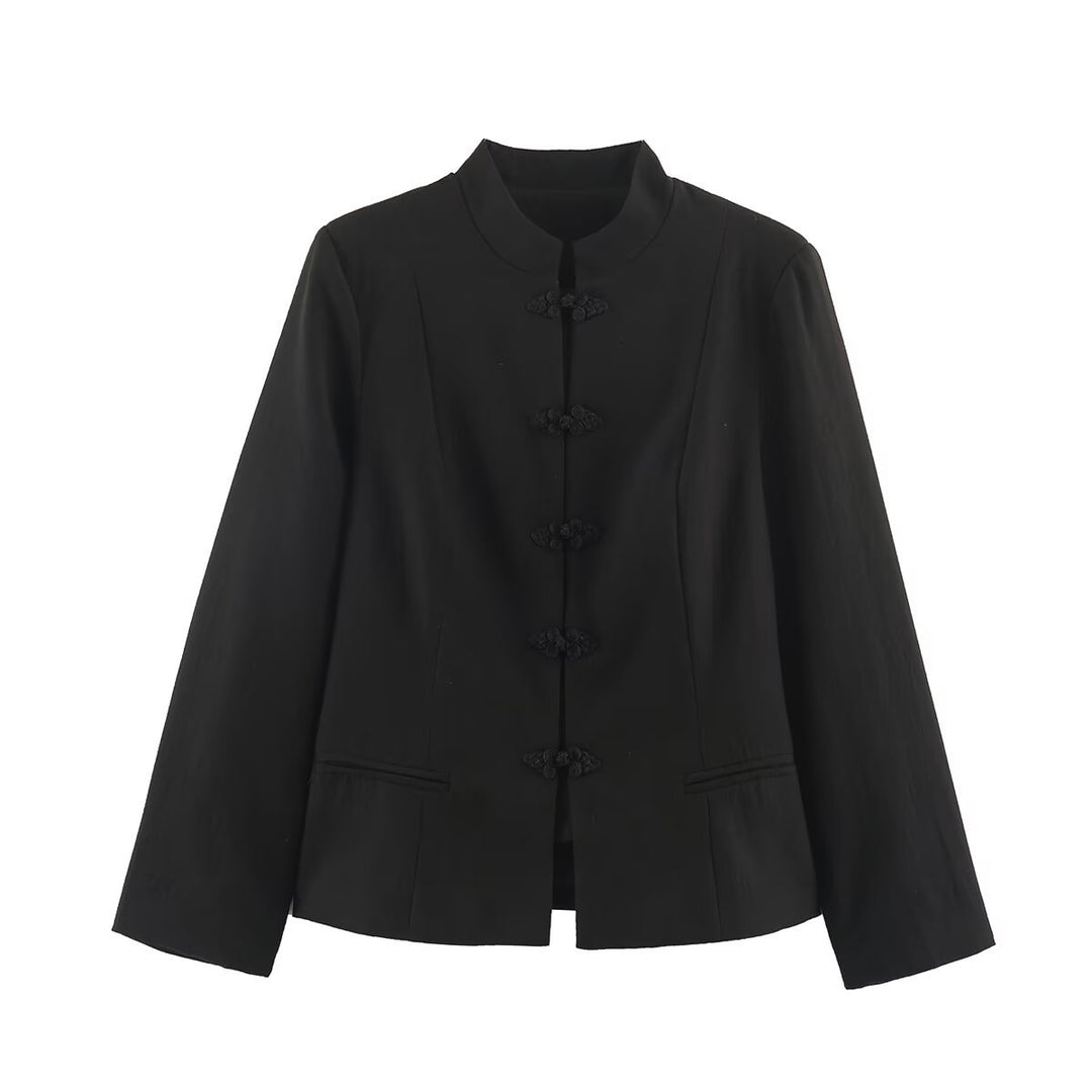 Women's short jacket in chinoiserie style with stand-up collar and knot button closure Mune Fashion