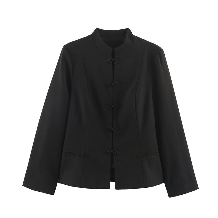 Women's short jacket in chinoiserie style with stand-up collar and knot button closure Mune Fashion