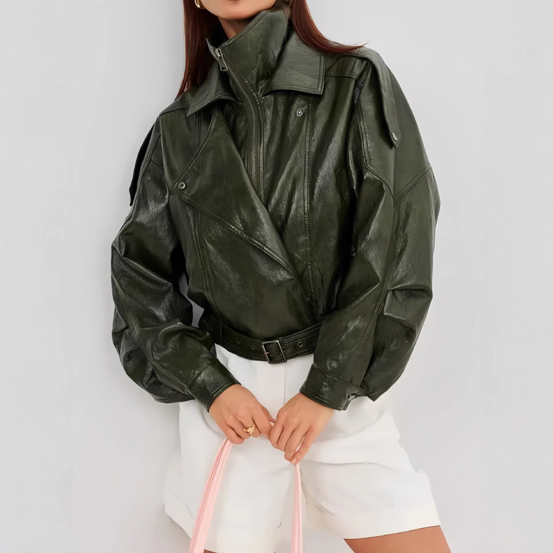 Women's Stylish Leather Jacket with Hip Belt