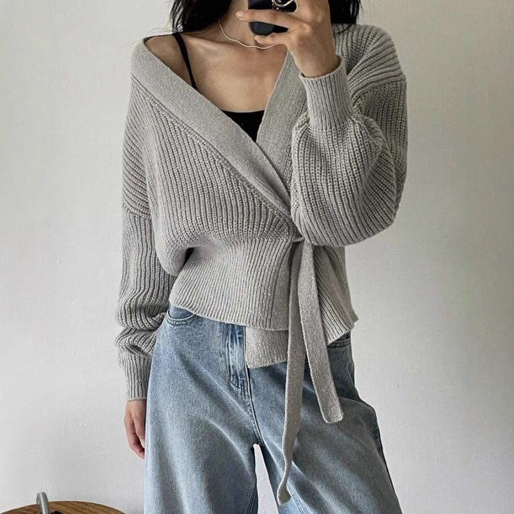 Women's Wrap Cardigan with V-Neck, Waist Tie and Balloon Sleeves Mune Fashion