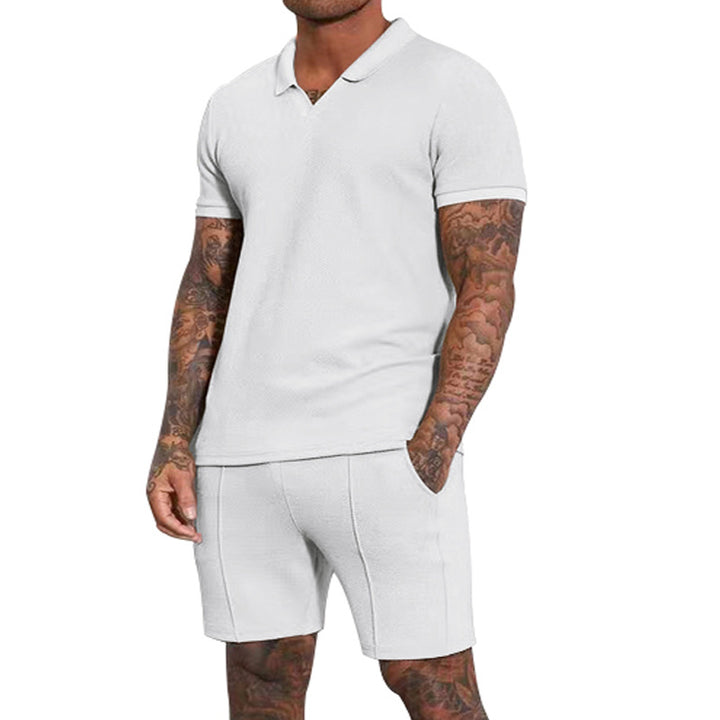 Men's short-sleeved half-collar knit set with fine waffle structure and straight-cut shorts Mune Fashion