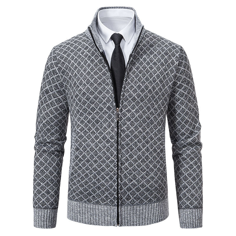 Men's Patterned Knit Zip Jacket with Stand-Up Collar, Jacquard Pattern and Ribbed Cuffs Mune Fashion