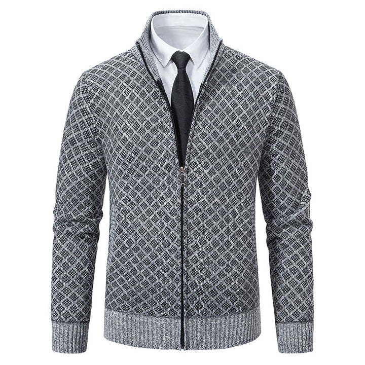Men's Patterned Knit Zip Jacket with Stand-Up Collar, Jacquard Pattern and Ribbed Cuffs Mune Fashion