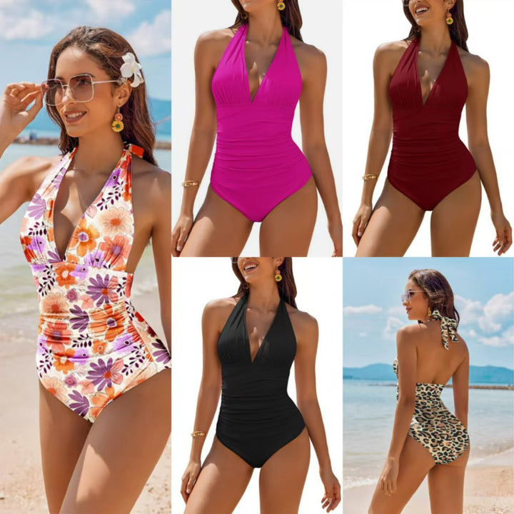 Ladies Elegant One-Piece Swimsuit with Deep V-Neck and Exciting Leopard Print Mune Fashion