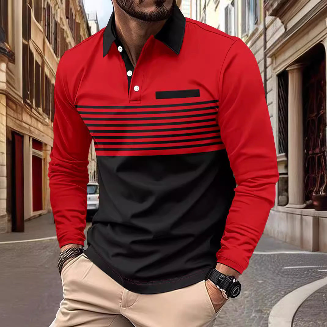 Men's long-sleeved polo shirt with contrasting shirt collar, subtle chest piping and fine stripe relief Mune Fashion
