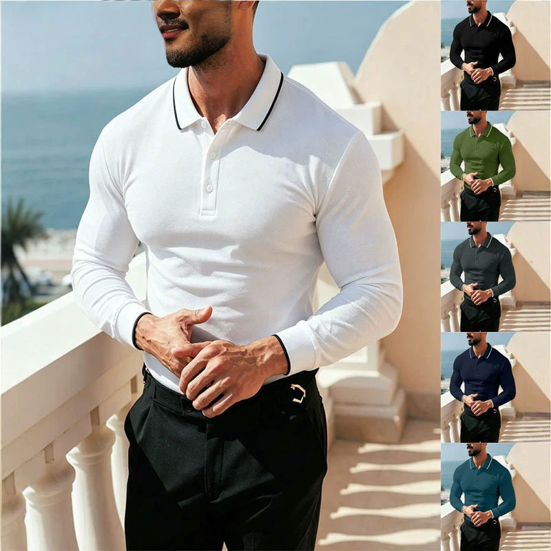 Men's Long Sleeve Functional Polo Shirt with Piqué Structure and Contrast Collar Mune Fashion