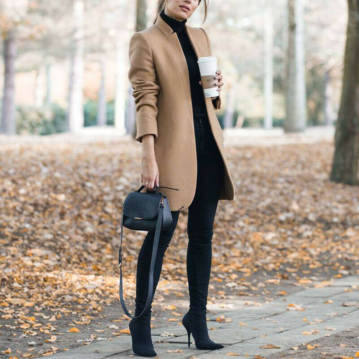 Women's tailored wool coat with stand-up collar and concealed button placket Mune Fashion