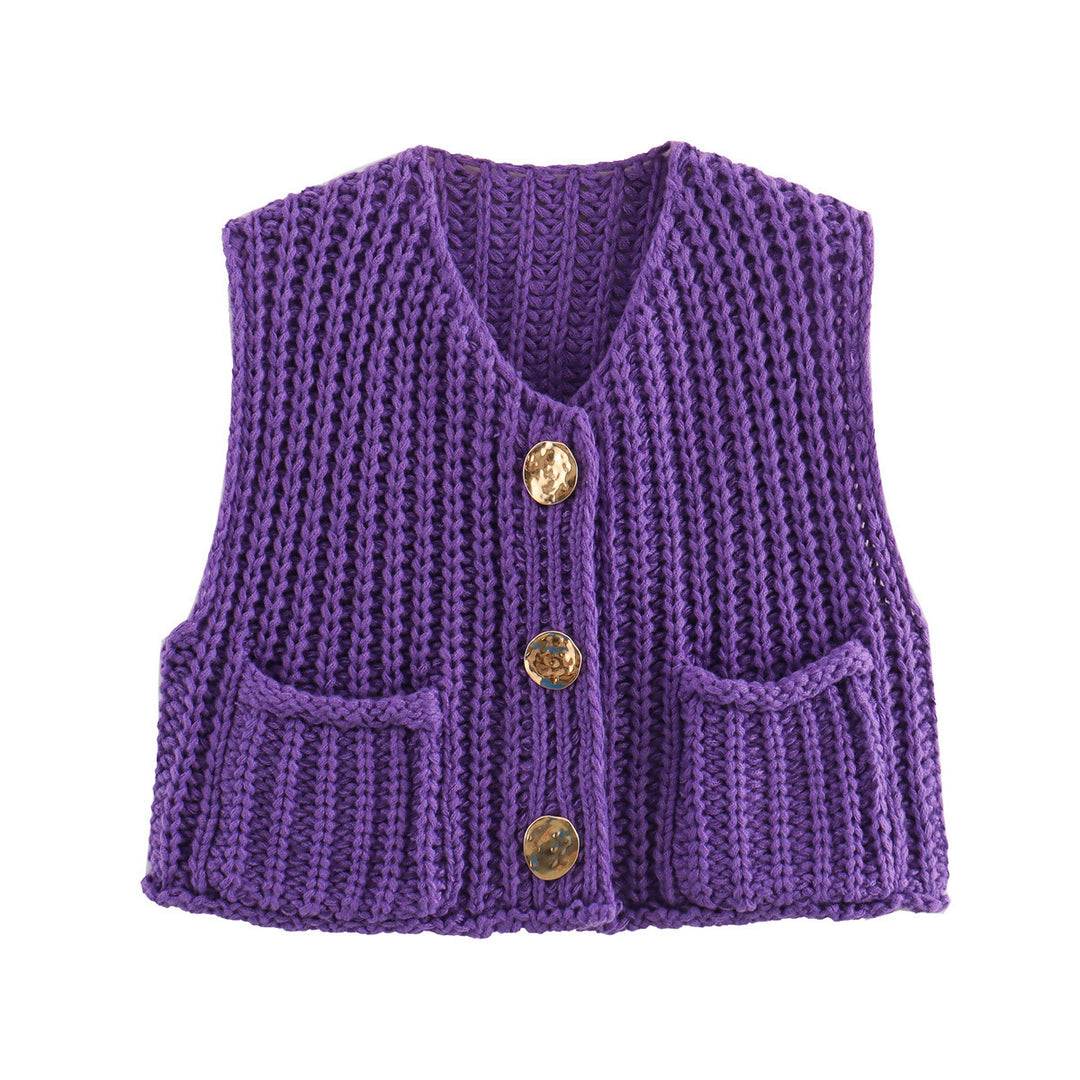 Women's Chunky Knit Cropped Vest with V-Neck and Gold Decorative Buttons Mune Fashion