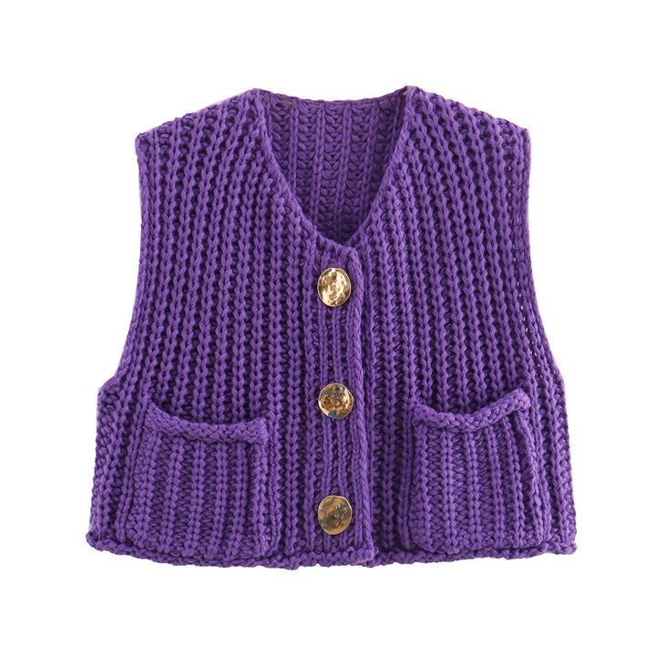Women's Chunky Knit Cropped Vest with V-Neck and Gold Decorative Buttons Mune Fashion
