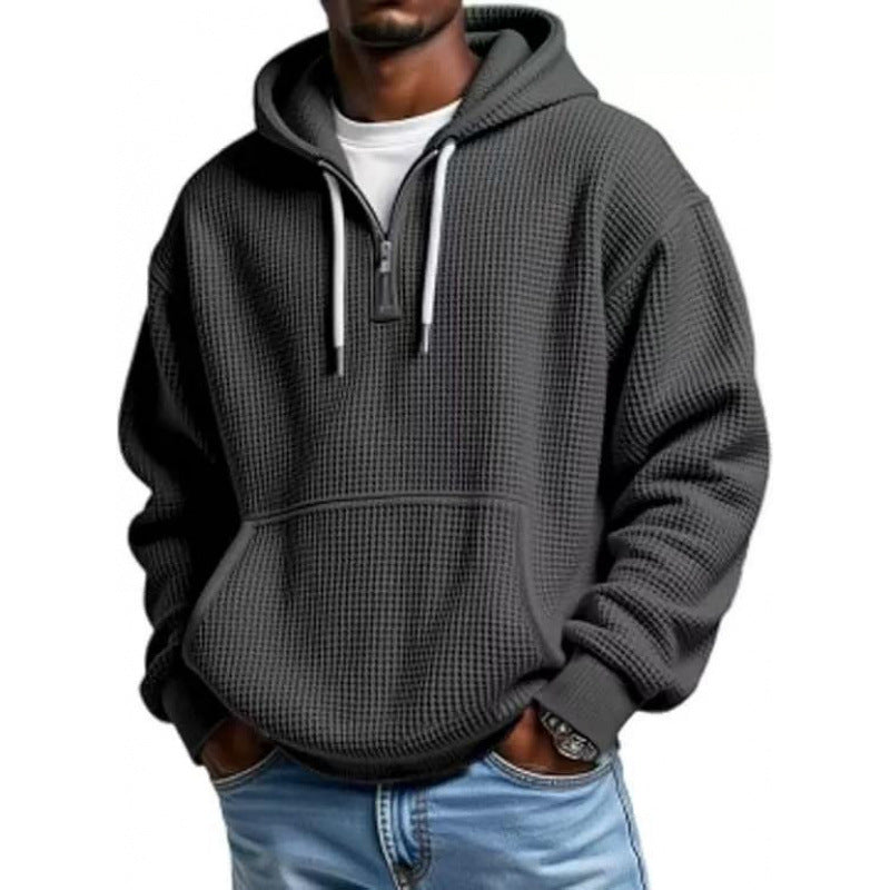 Men's waffle texture hoodie with half zipper and kangaroo pocket Mune Fashion