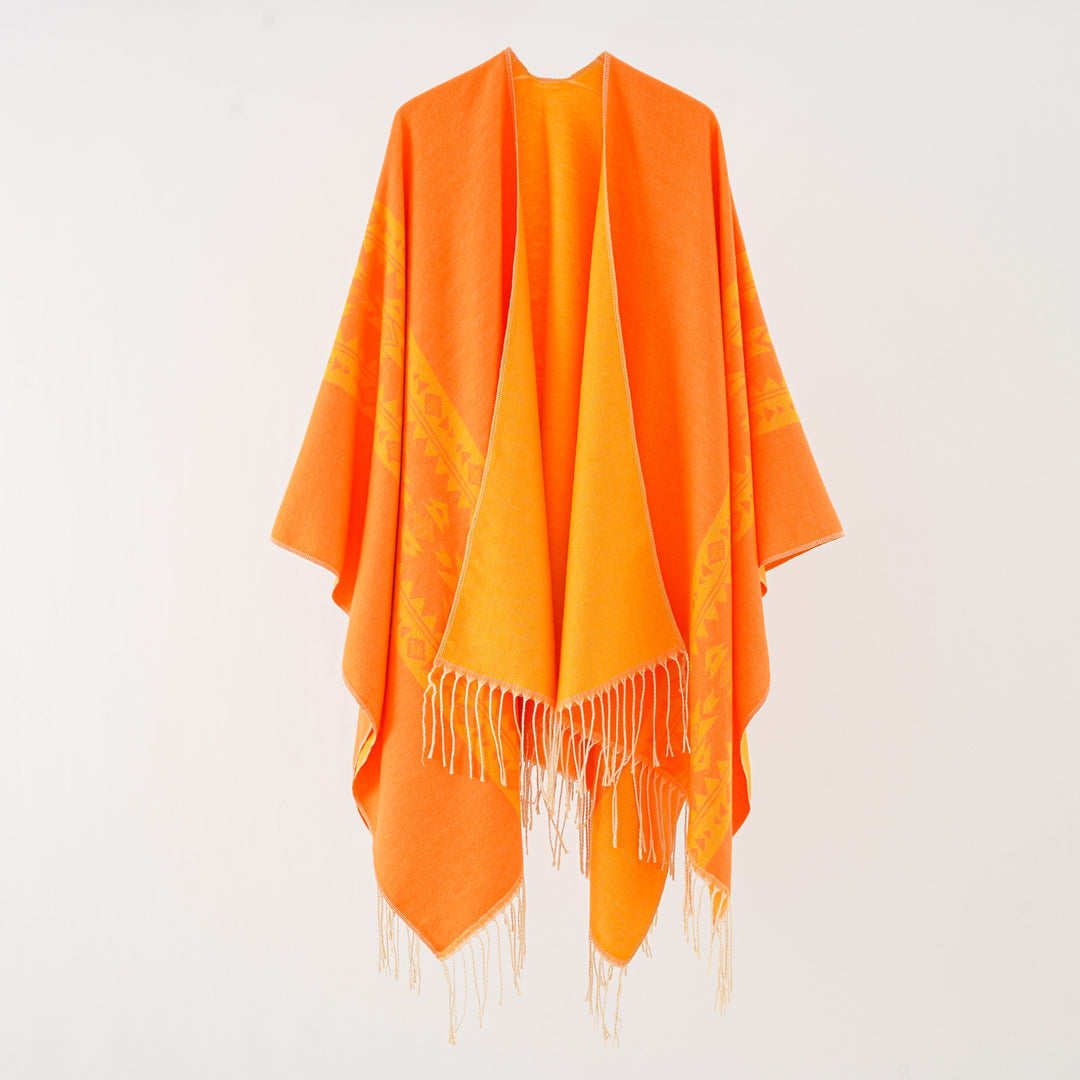 Women's Oversize Poncho with Fringes and Jacquard Pattern Mune Fashion