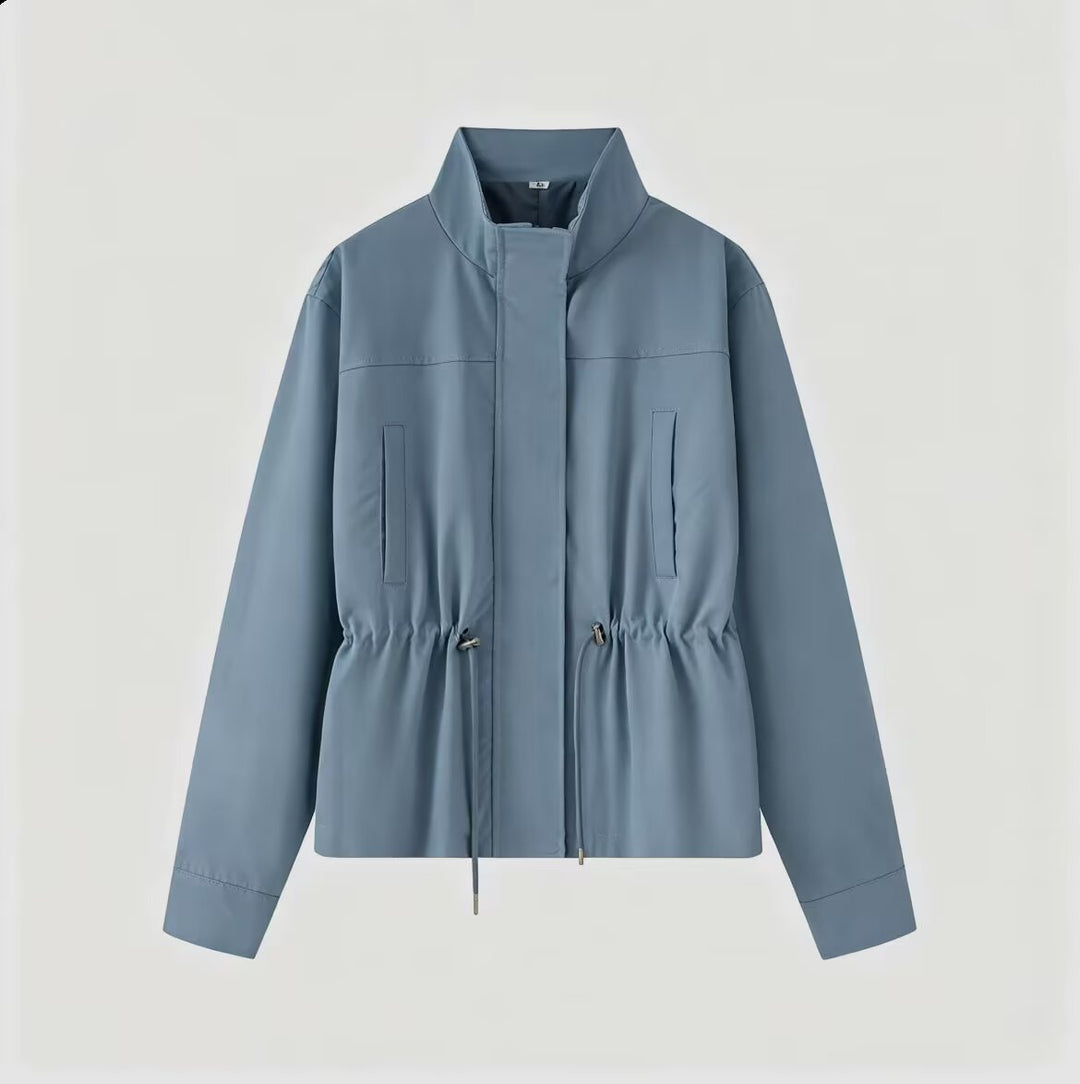 Women Lightweight Transition Jacket with Drawstring Waist and Stand-Up Collar Mune Fashion