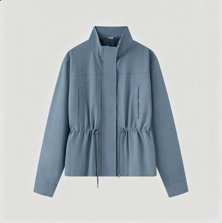 Women Lightweight Transition Jacket with Drawstring Waist and Stand-Up Collar Mune Fashion