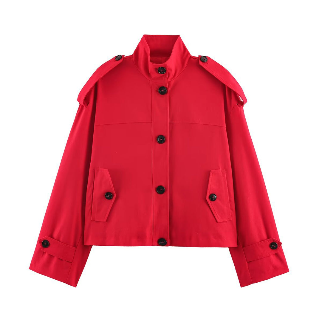 Women's Short Cut Utility Jacket with Stand Collar, Epaulettes and Flap Pockets Mune Fashion