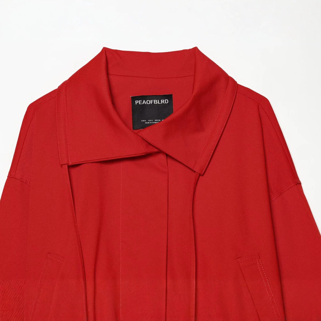 Women's Cropped Trench Coat with Drawstring, Knot Belt and Distinctive Stand Collar Mune Fashion