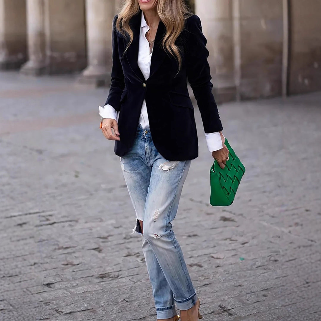 Women's Tailored Velvet Blazer with Notched Lapels and Decorative Buttons Drune
