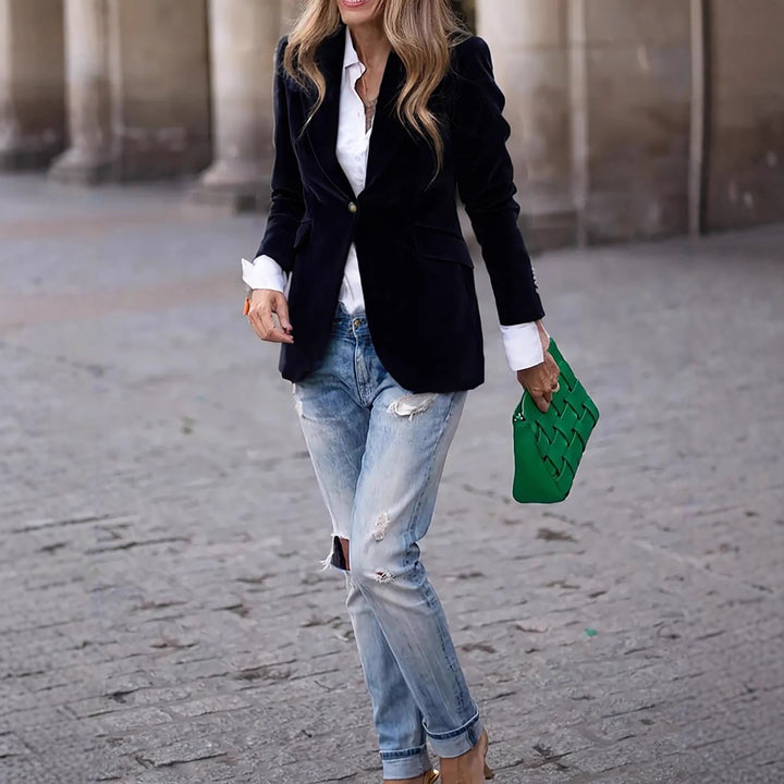 Women's Tailored Velvet Blazer with Notched Lapels and Decorative Buttons Drune