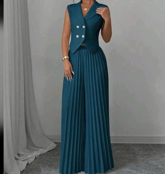 Women's Sleeveless Vest Blazer Top with Lapel and Pleated Palazzo Pants Two-Piece Evening Set Mune Fashion