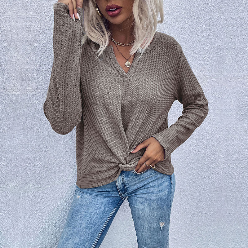 Women Waffle Knit Long Sleeve with V-neck and Knot Front Mune Fashion
