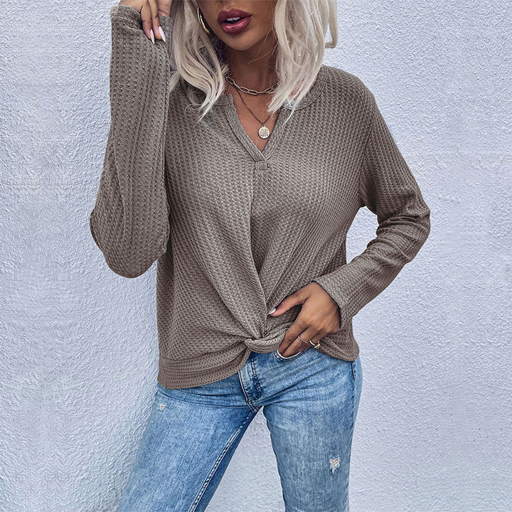 Women Waffle Knit Long Sleeve with V-neck and Knot Front Mune Fashion