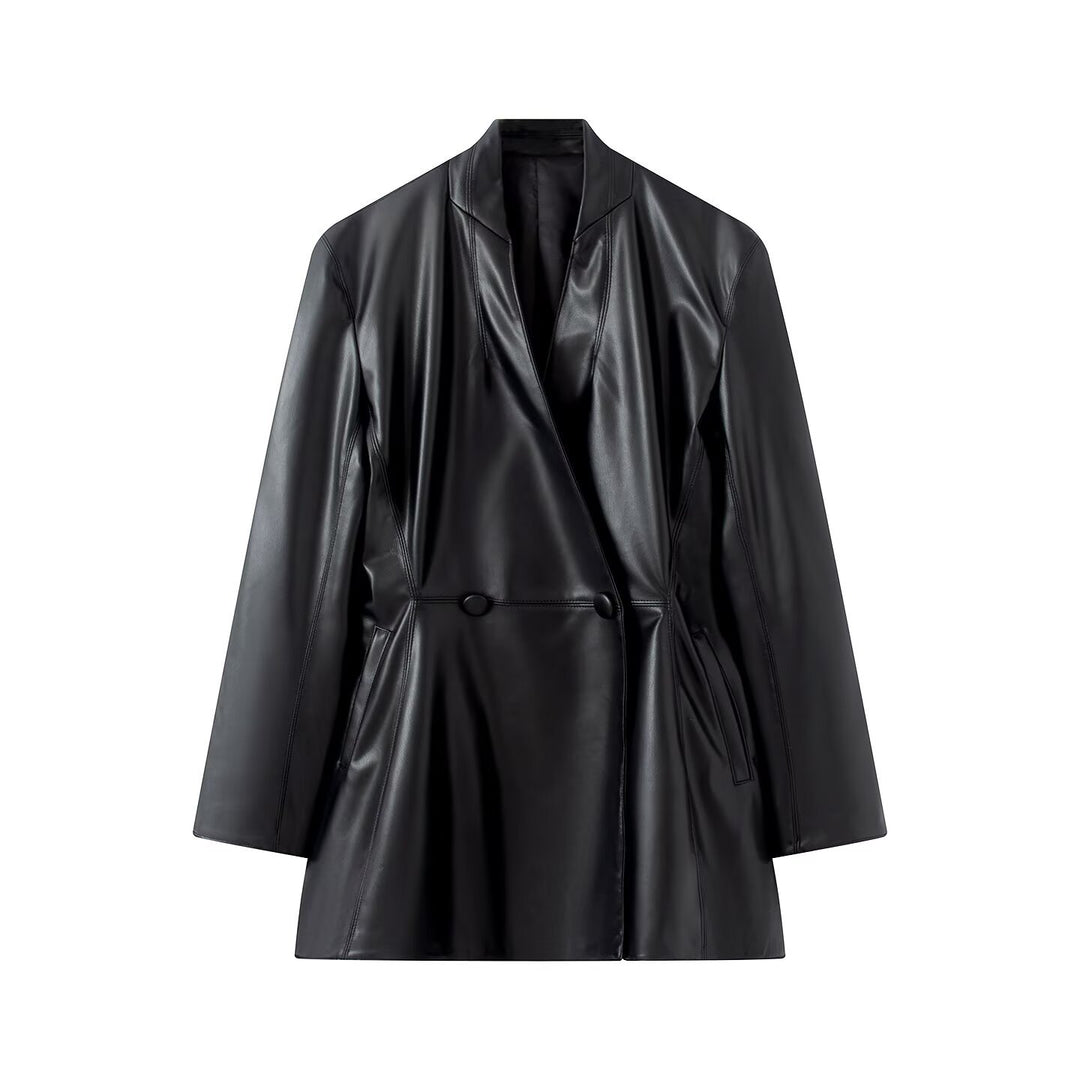 Women's Longer Tailored Blazer Coat in Vegan Leather Look with Cascading Shawl Collar and Double-Breasted Button Placket Mune Fashion