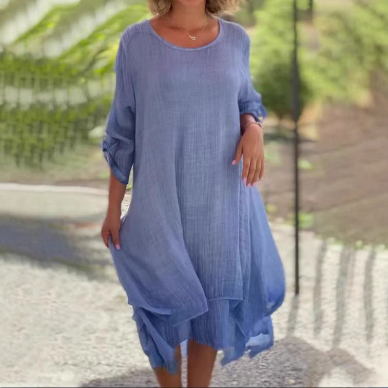 Ladies wide muslin midi dress with round neckline, roll-up half-length sleeves, and layered tiered skirt Mune Fashion