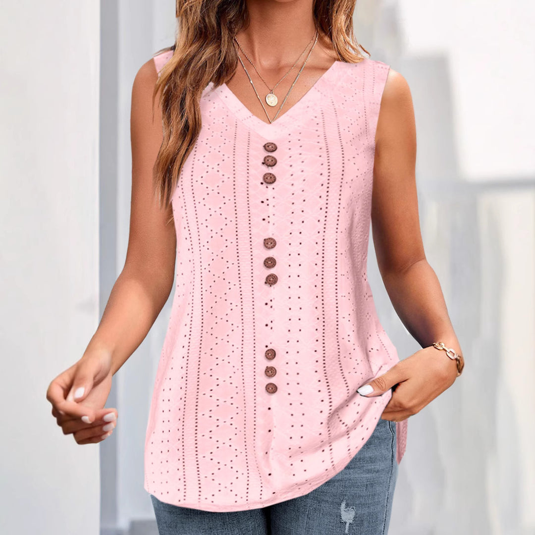 Women's sleeveless broderie anglaise top with V-neck and decorative button placket Mune Fashion