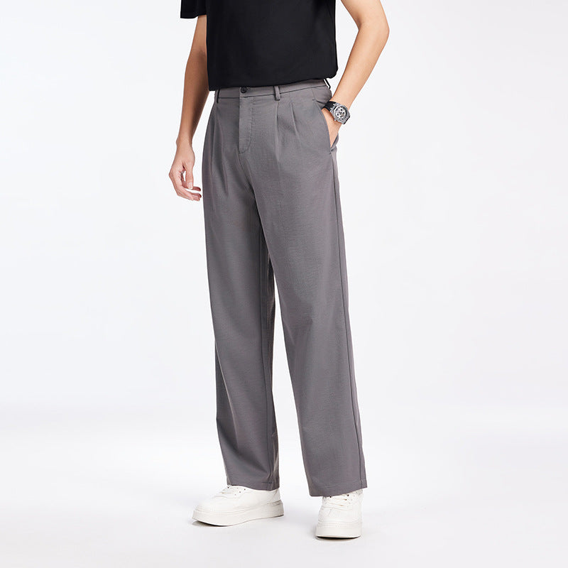 Men's Elegant Pleated Fabric Pants with High Waist, Crease and Straight Leg Mune Fashion