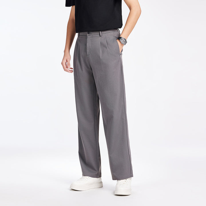 Men's Elegant Pleated Fabric Pants with High Waist, Crease and Straight Leg Mune Fashion