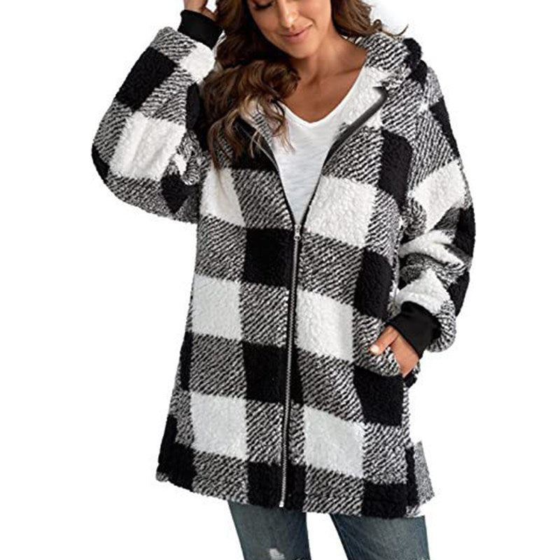 Women's Checked Teddy Fleece Coat with Hood and Zipper Mune Fashion