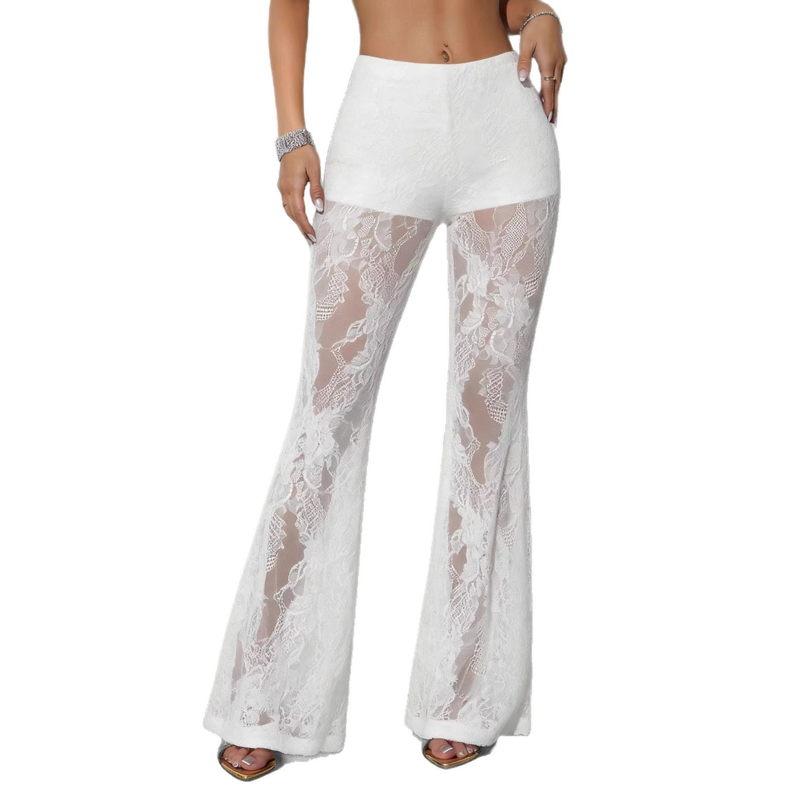 Women high-waisted lace flared pants with opaque inner shorts and floral transparent inserts Mune Fashion