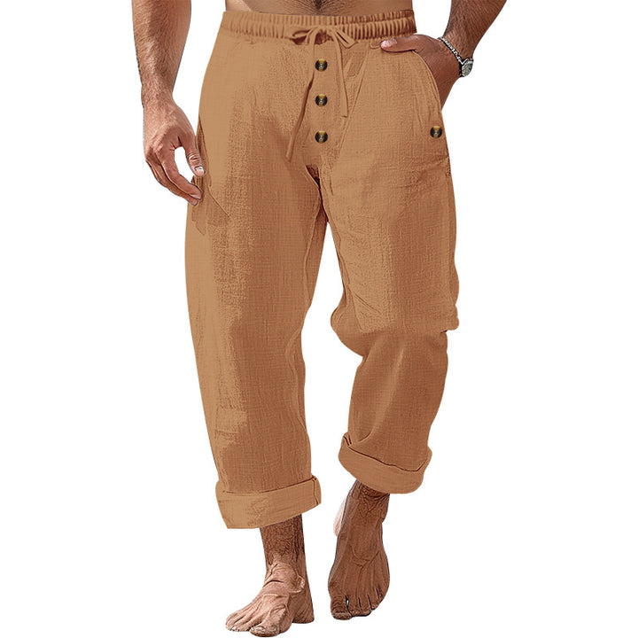 Men's casual linen-cotton pants with elastic waistband, drawstring, and rolled-up hem Mune Fashion