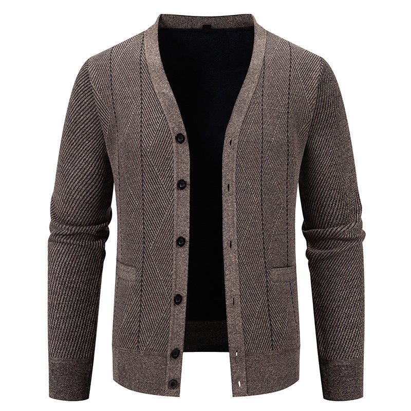 Men's Structured Fine Knit Cardigan with Chevron Pattern, V-Neck and Insert Pockets Mune Fashion