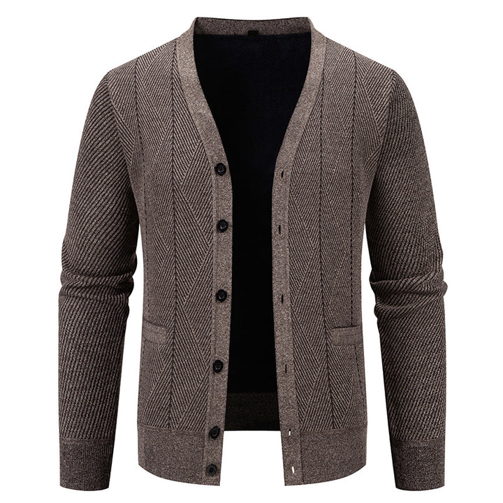Men's Structured Fine Knit Cardigan with Chevron Pattern, V-Neck and Insert Pockets Mune Fashion
