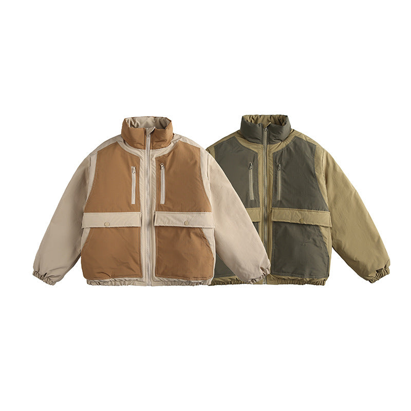 Unisex Boxy padded stand-up collar jacket with contrast panels, vertical chest zippers, and large flap pockets Mune Fashion