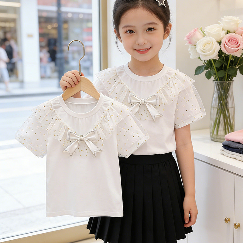 Girl T-shirt with ruffle details and transparent puff sleeves Mune Fashion