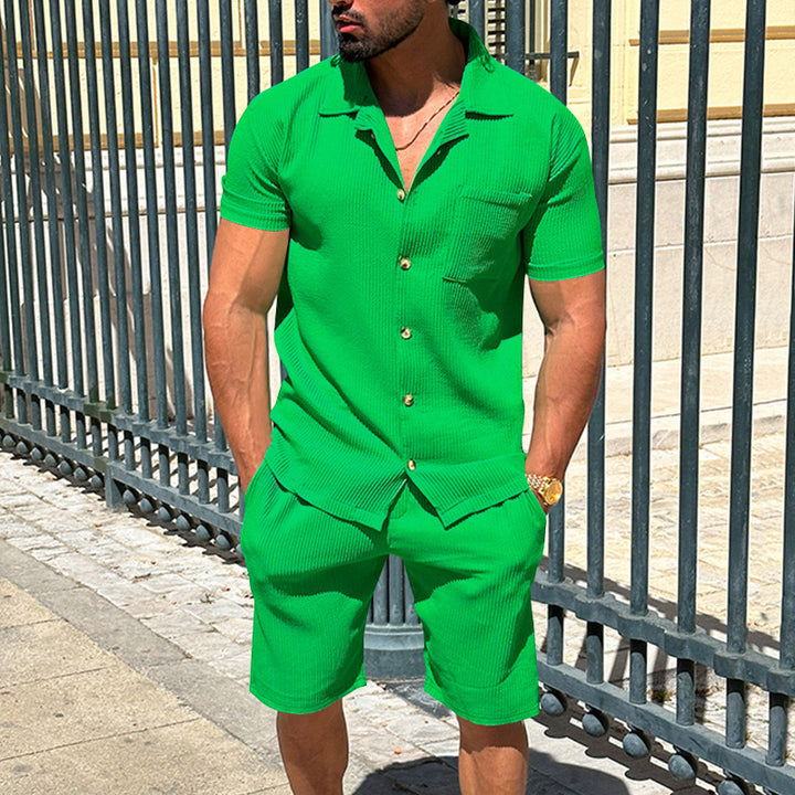 Men's casual two-piece leisure set made of ribbed jersey with shirt collar button placket and shorts Mune Fashion